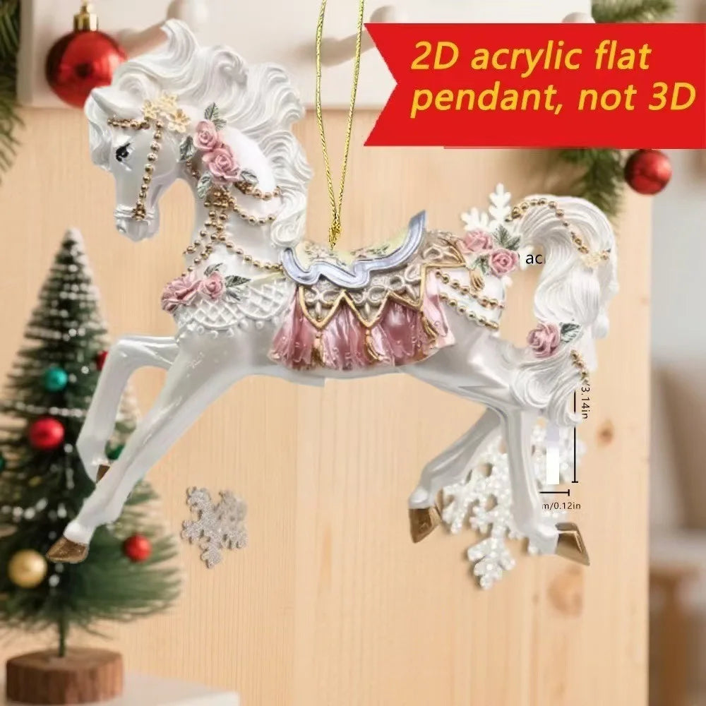 2D Acrylic Horse Car Rearview Mirror Pendant Charm Christmas Tree Ornament Party New Year Hanging Decoration