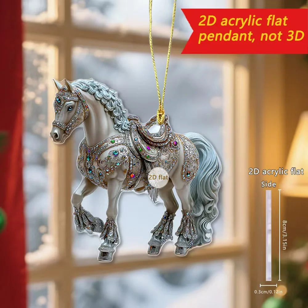 2D Acrylic Horse Car Rearview Mirror Pendant Charm Christmas Tree Ornament Party New Year Hanging Decoration
