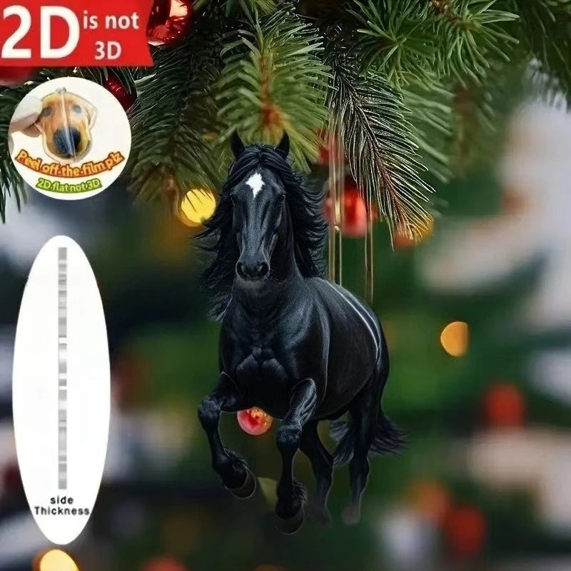 2D Acrylic Horse Car Rearview Mirror Pendant Charm Christmas Tree Ornament Party New Year Hanging Decoration