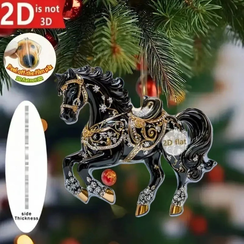 2D Acrylic Horse Car Rearview Mirror Pendant Charm Christmas Tree Ornament Party New Year Hanging Decoration