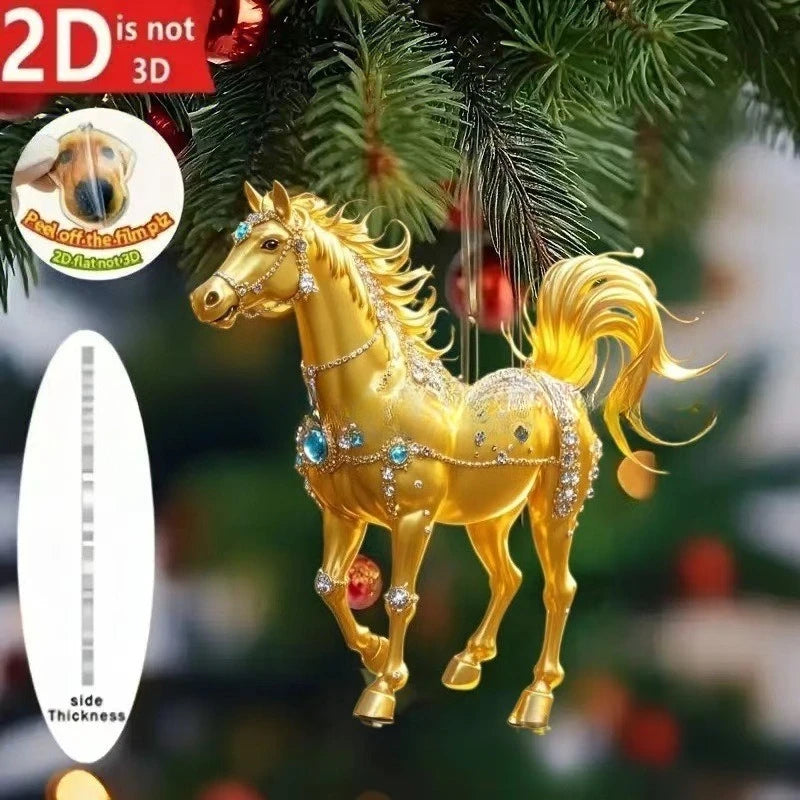 2D Acrylic Horse Car Rearview Mirror Pendant Charm Christmas Tree Ornament Party New Year Hanging Decoration