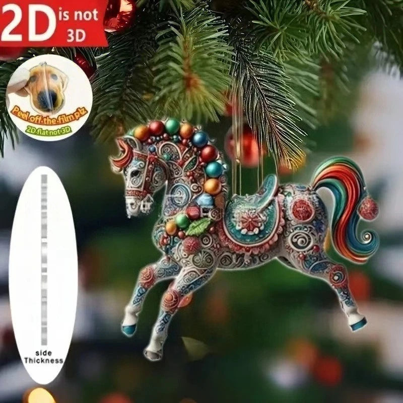 2D Acrylic Horse Car Rearview Mirror Pendant Charm Christmas Tree Ornament Party New Year Hanging Decoration