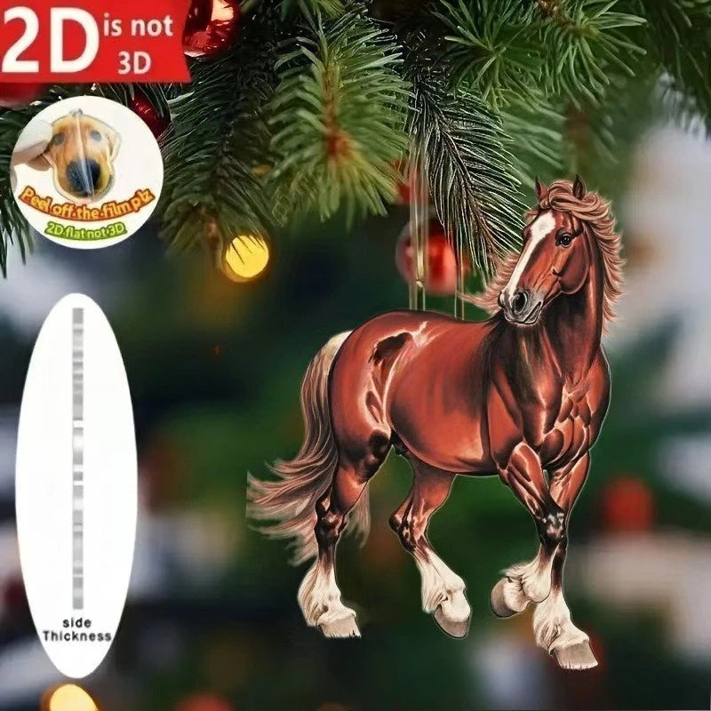 2D Acrylic Horse Car Rearview Mirror Pendant Charm Christmas Tree Ornament Party New Year Hanging Decoration