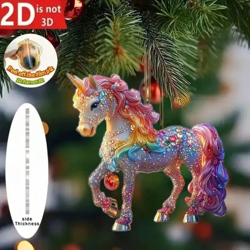 2D Acrylic Horse Car Rearview Mirror Pendant Charm Christmas Tree Ornament Party New Year Hanging Decoration