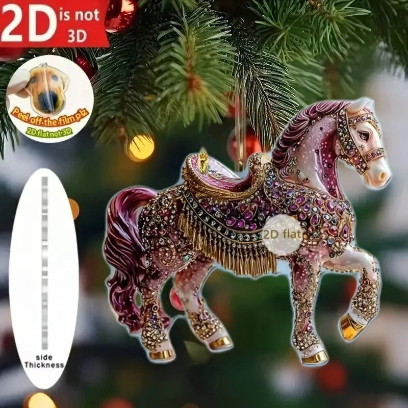 2D Acrylic Horse Car Rearview Mirror Pendant Charm Christmas Tree Ornament Party New Year Hanging Decoration