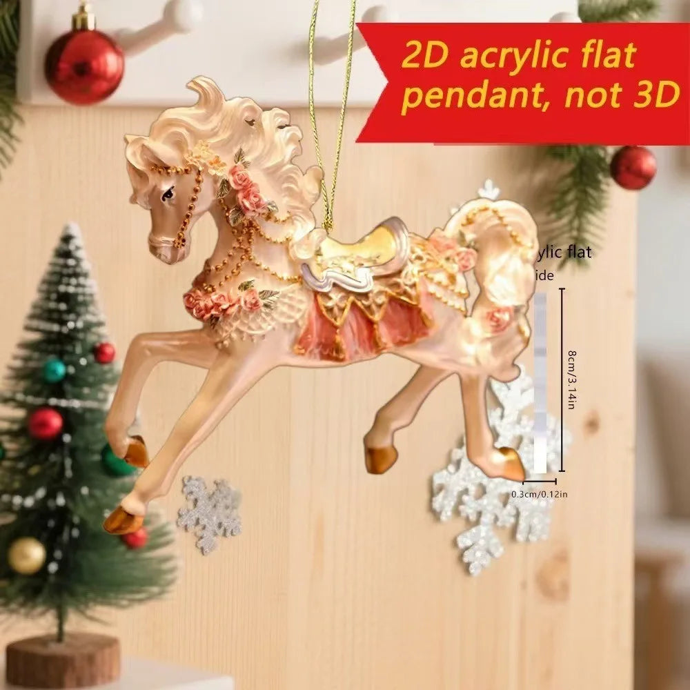2D Acrylic Horse Car Rearview Mirror Pendant Charm Christmas Tree Ornament Party New Year Hanging Decoration