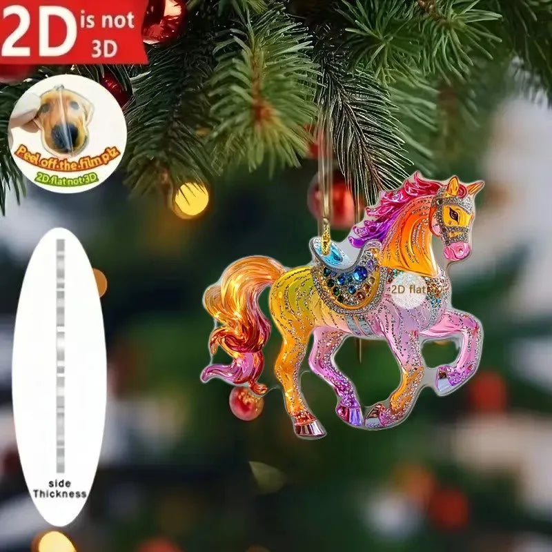 2D Acrylic Horse Car Rearview Mirror Pendant Charm Christmas Tree Ornament Party New Year Hanging Decoration